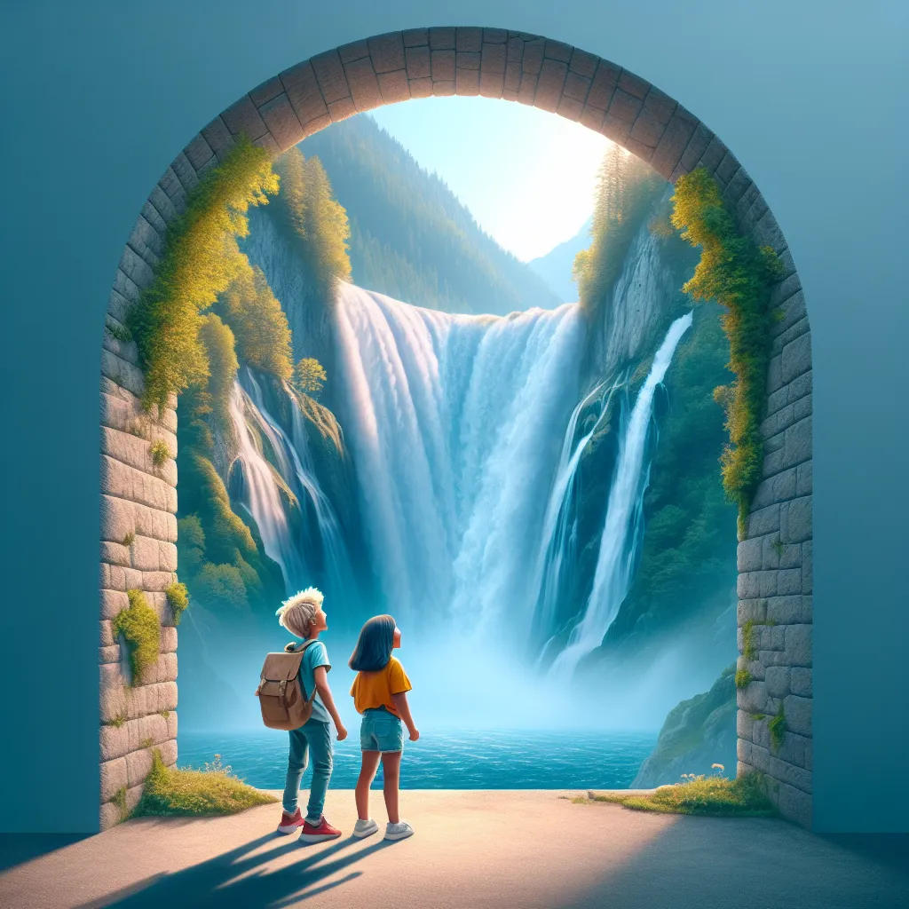 Children at Mountain Waterfall